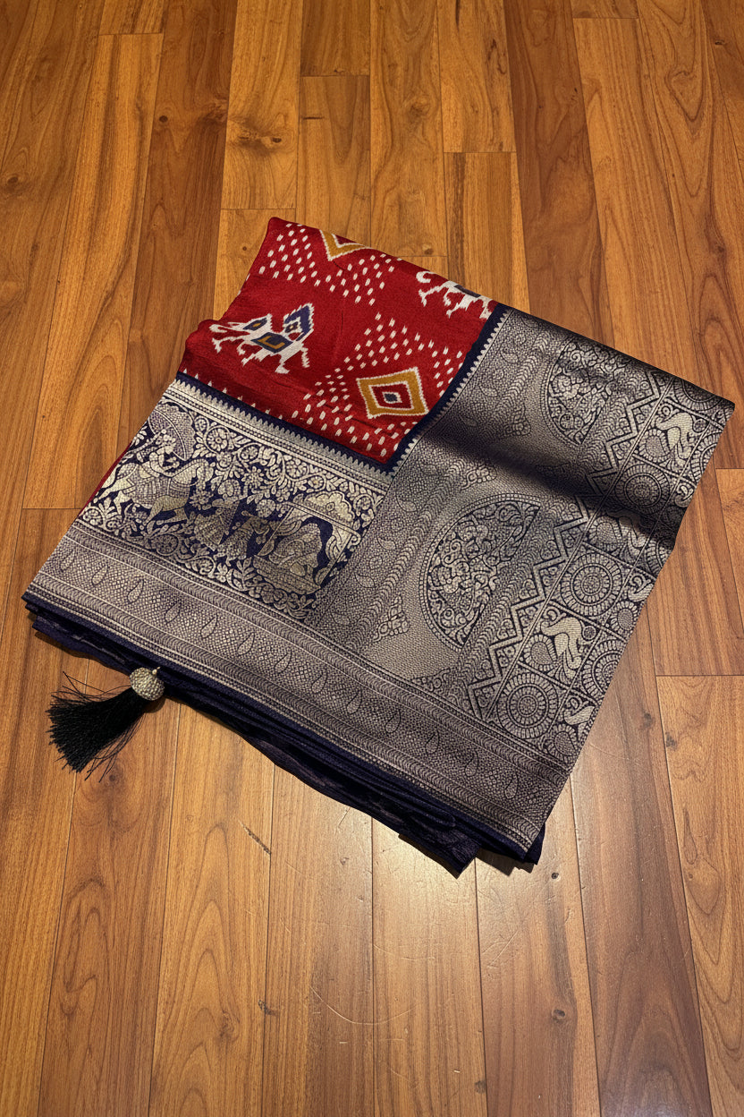PREMIUM IKKAT PRINTED MOUNGA CREAPE WITH BANARASI BORDER