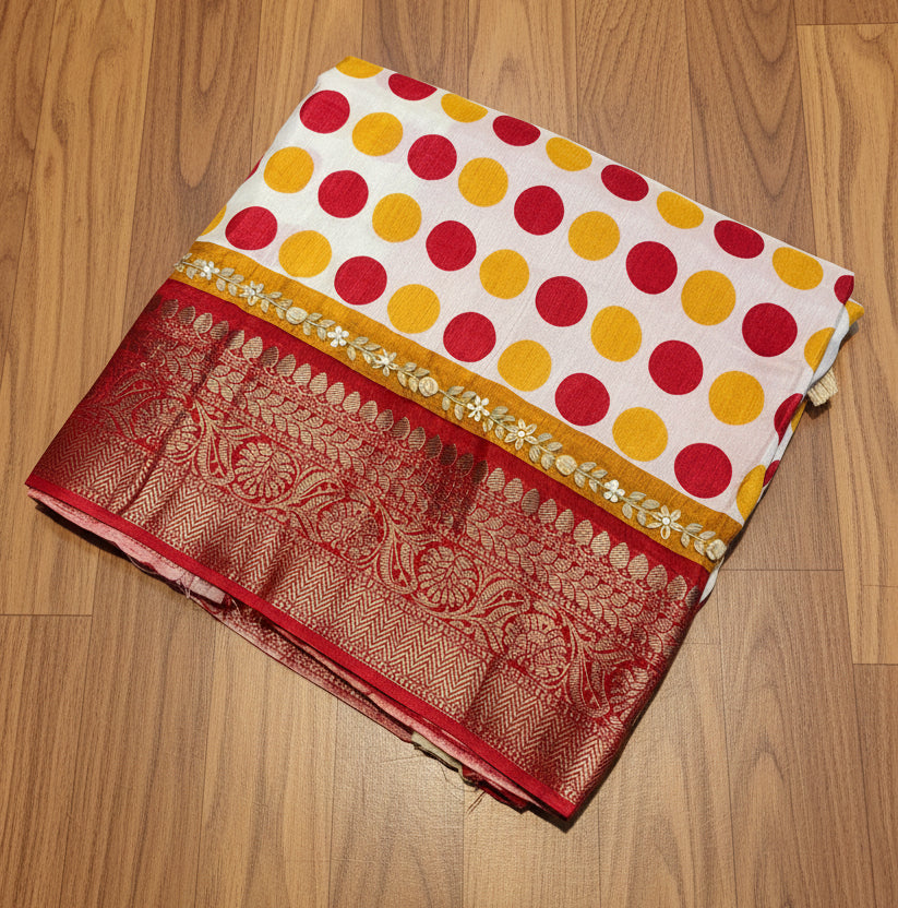PREMIUM MOUNGA SILK SAREE  WITH PRINTED POLKA DOTS & FRENCH KNOT