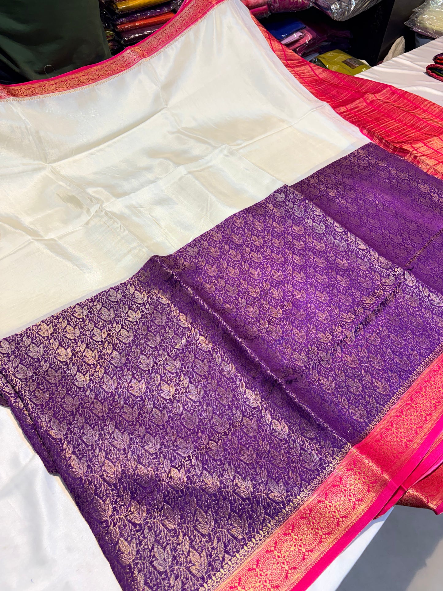 SEMI MYSORE SILK SAREE WITH HALF AND HALF BROCADE DESIGN