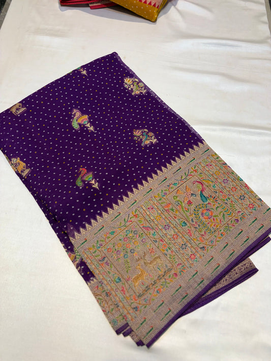 BHANDHINI KHADDI GEORGETTE WITH PAITHANI BORDER