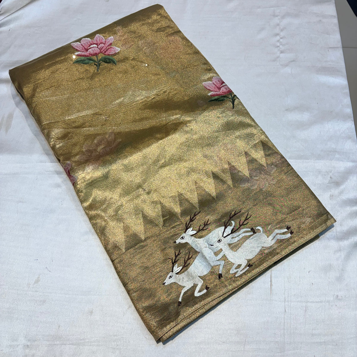 PREMIUM SOFT GOLDEN TISSUES SAREE WITH EMBROIDERY WORK