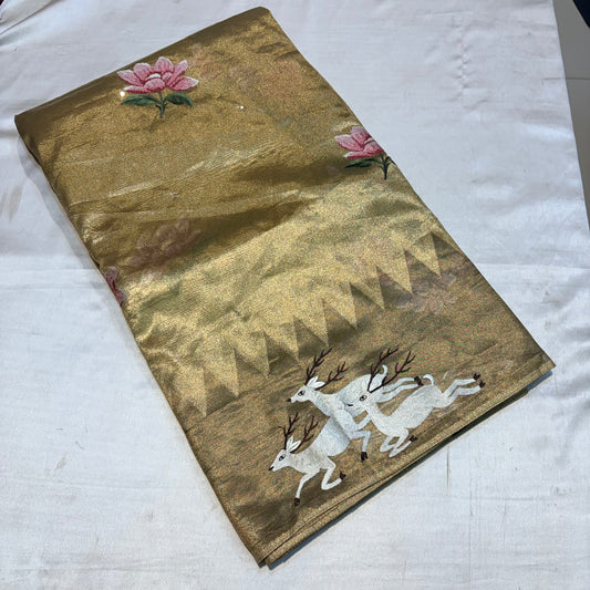 PREMIUM SOFT GOLDEN TISSUES SAREE WITH EMBROIDERY WORK