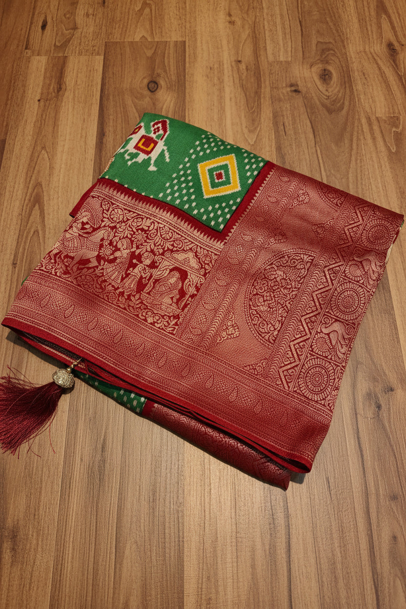 PREMIUM IKKAT PRINTED MOUNGA CREAPE WITH BANARASI BORDER