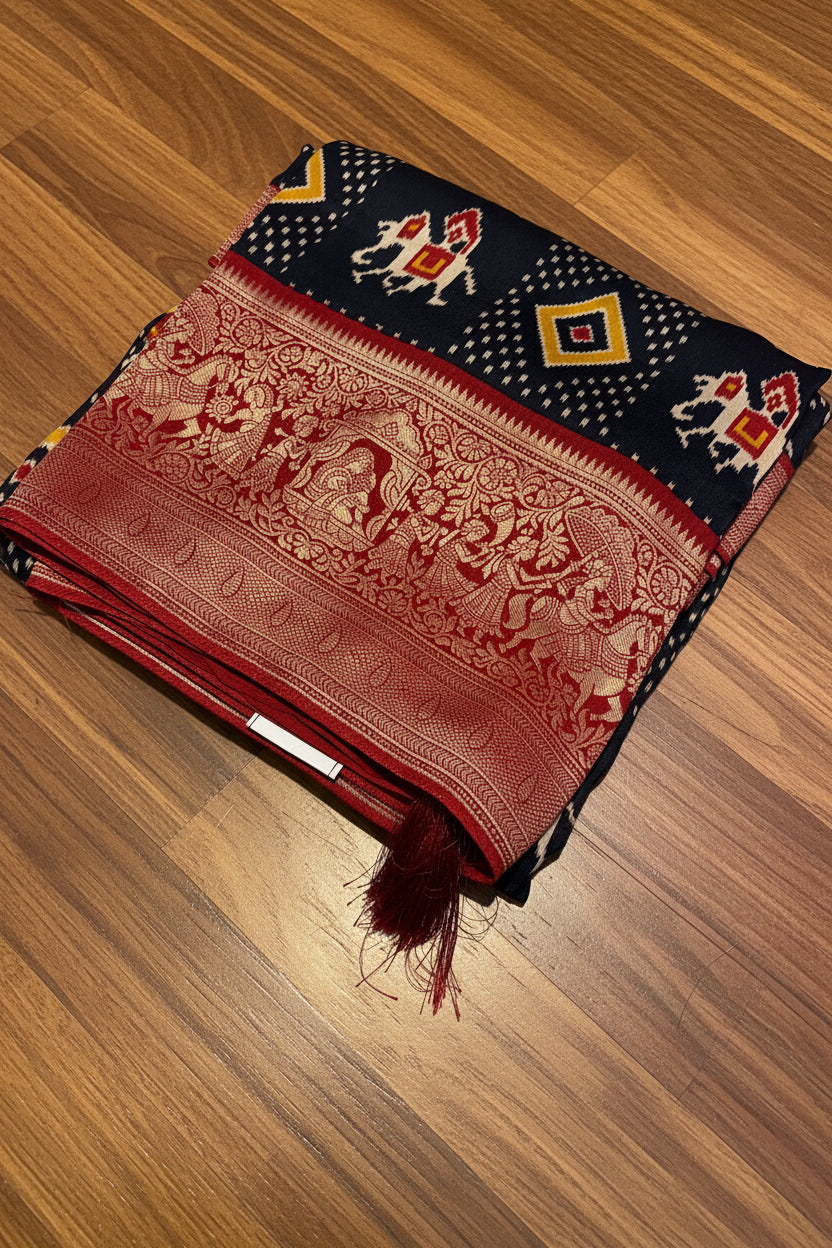 PREMIUM IKKAT PRINTED MOUNGA CREAPE WITH BANARASI BORDER