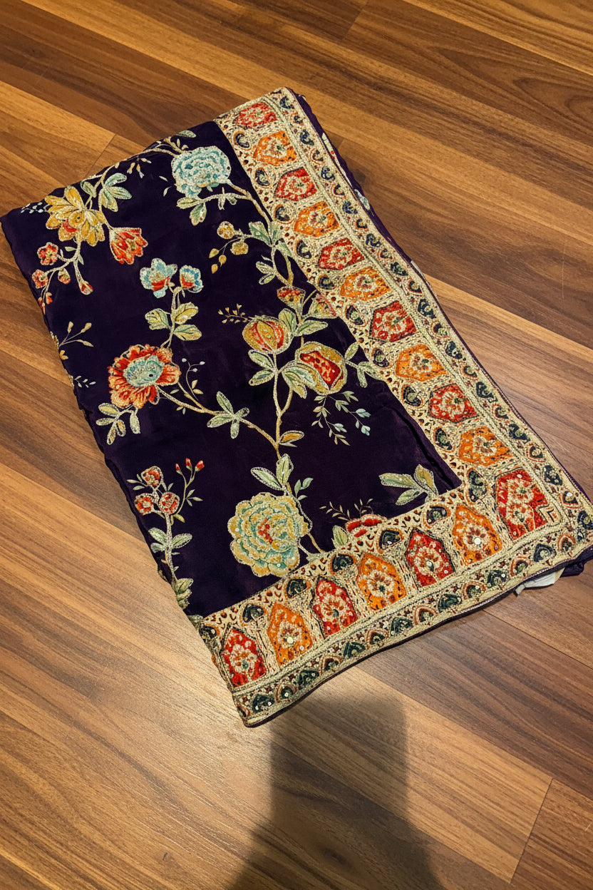 PURE PASHMEENA CREAPE SAREE WITH MIRROR WORK