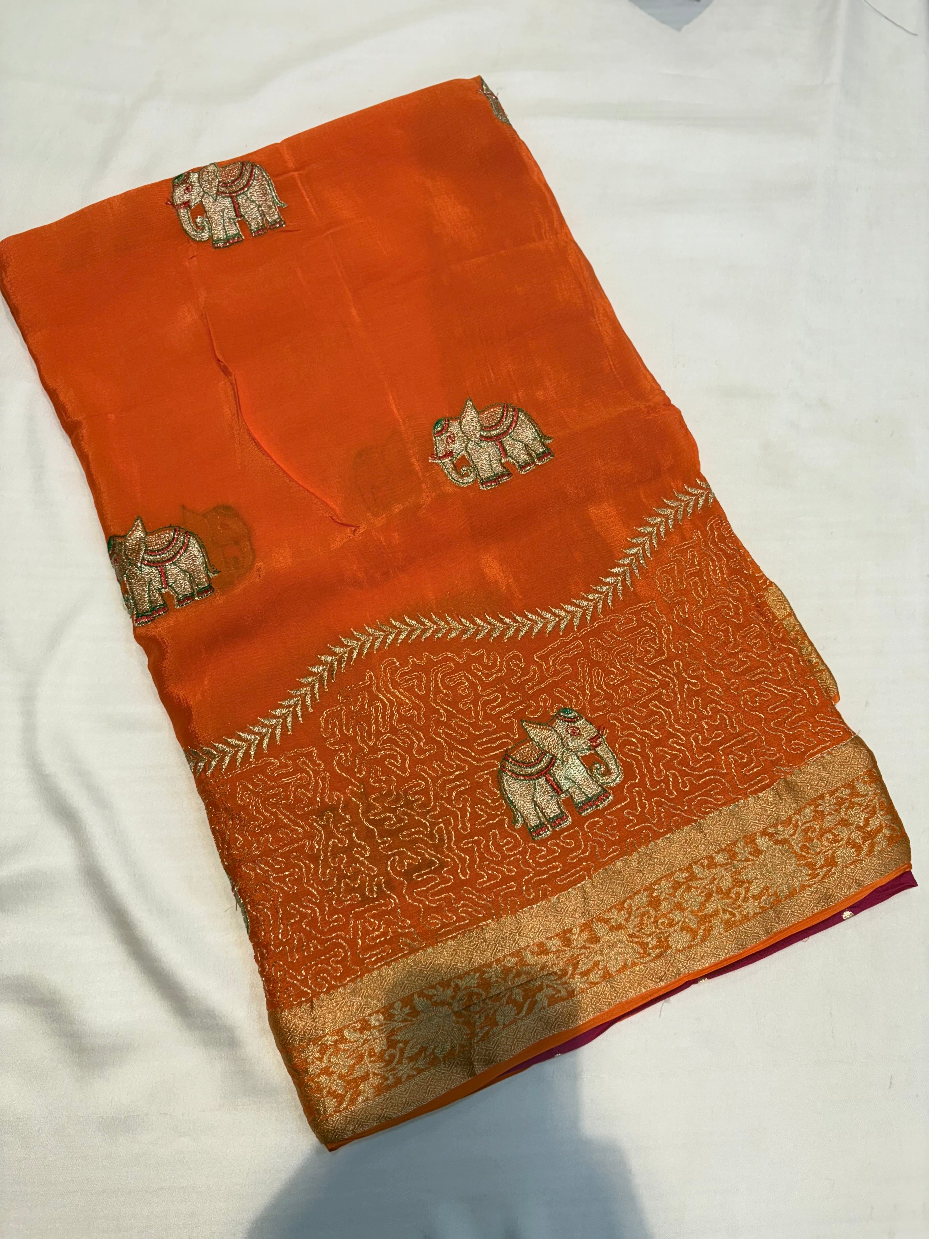 PREMIUM CHINON CREAPE SAREE WITH EMBROIDERY