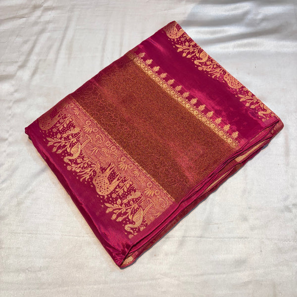 PREMIUM RAW CHINON CREAPE SAREES - Rani pink