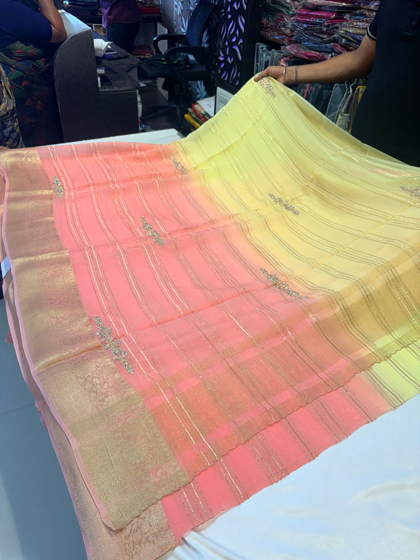 PREMIUM GEORGETTE DUAL SHADED  SAREES WITH HANDWORK