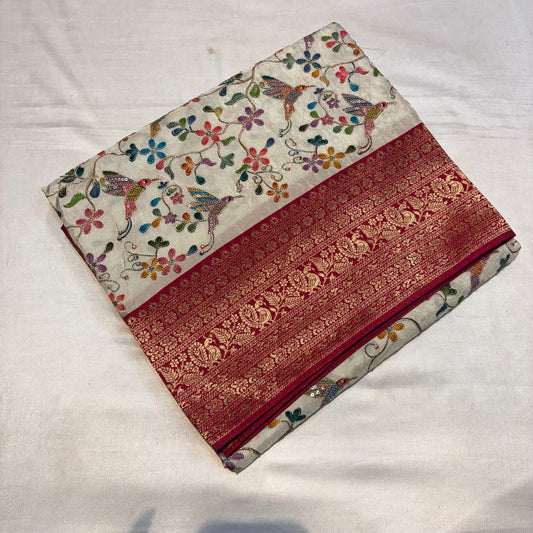 Pure Banarasi Pashmeena Silk Saree with Aari Work