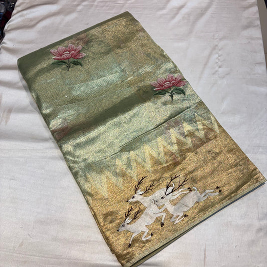 PREMIUM SOFT GOLDEN TISSUES SAREE WITH EMBROIDERY WORK