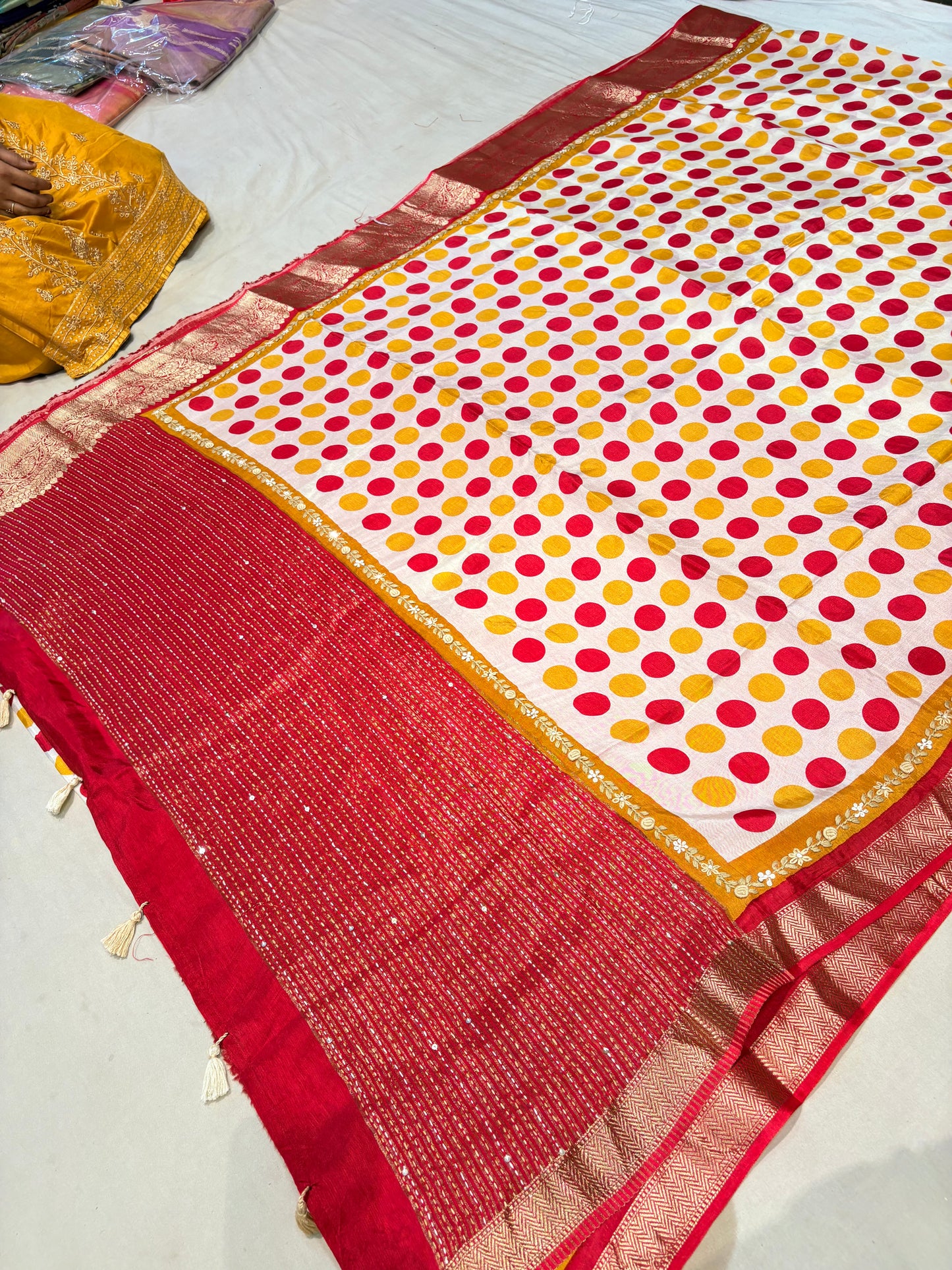 PREMIUM MOUNGA SILK SAREE  WITH PRINTED POLKA DOTS & FRENCH KNOT
