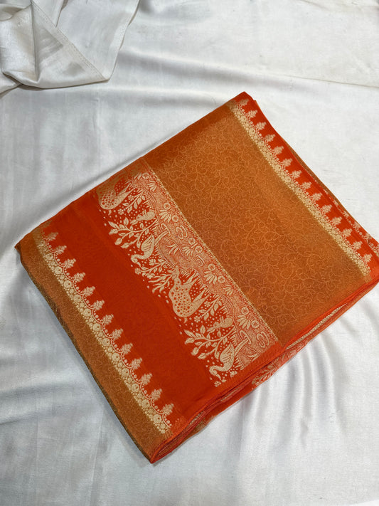 PREMIUM RAW CHINON CREAPE SAREES - Orange