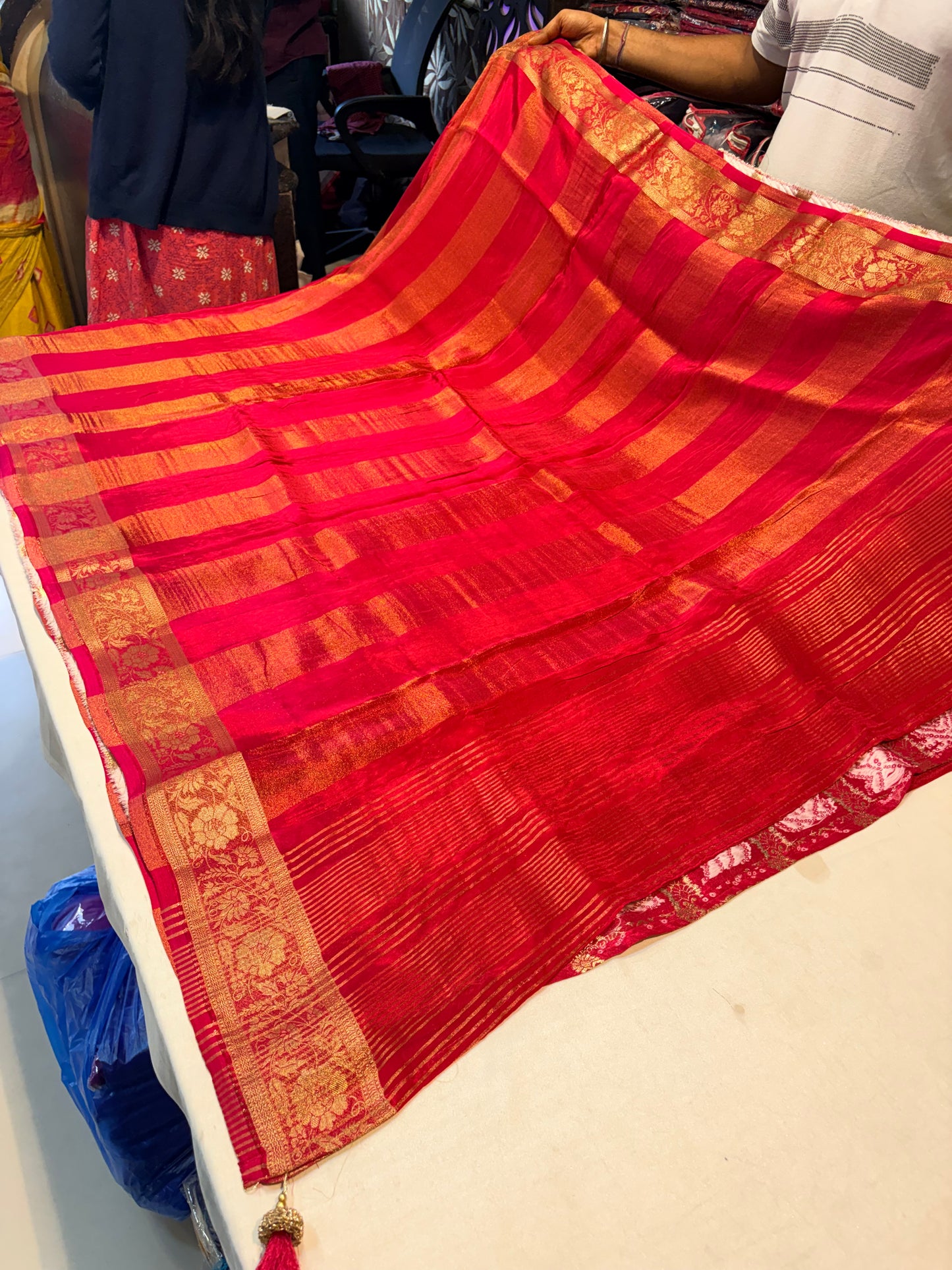 RAW CHINON CREAPE SAREE WITH GHARCHOLA BLOUSE