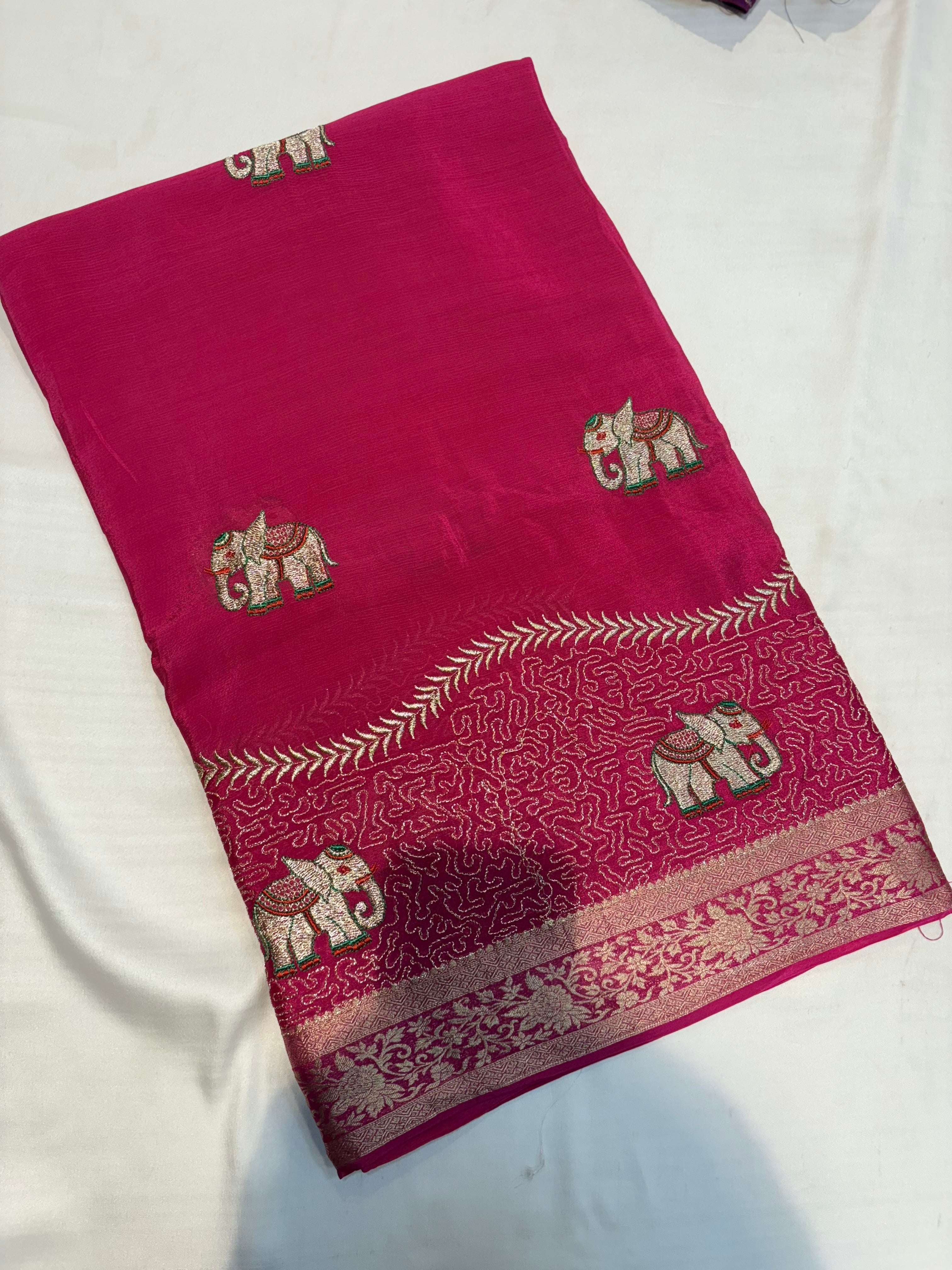 PREMIUM CHINON CREAPE SAREE WITH EMBROIDERY