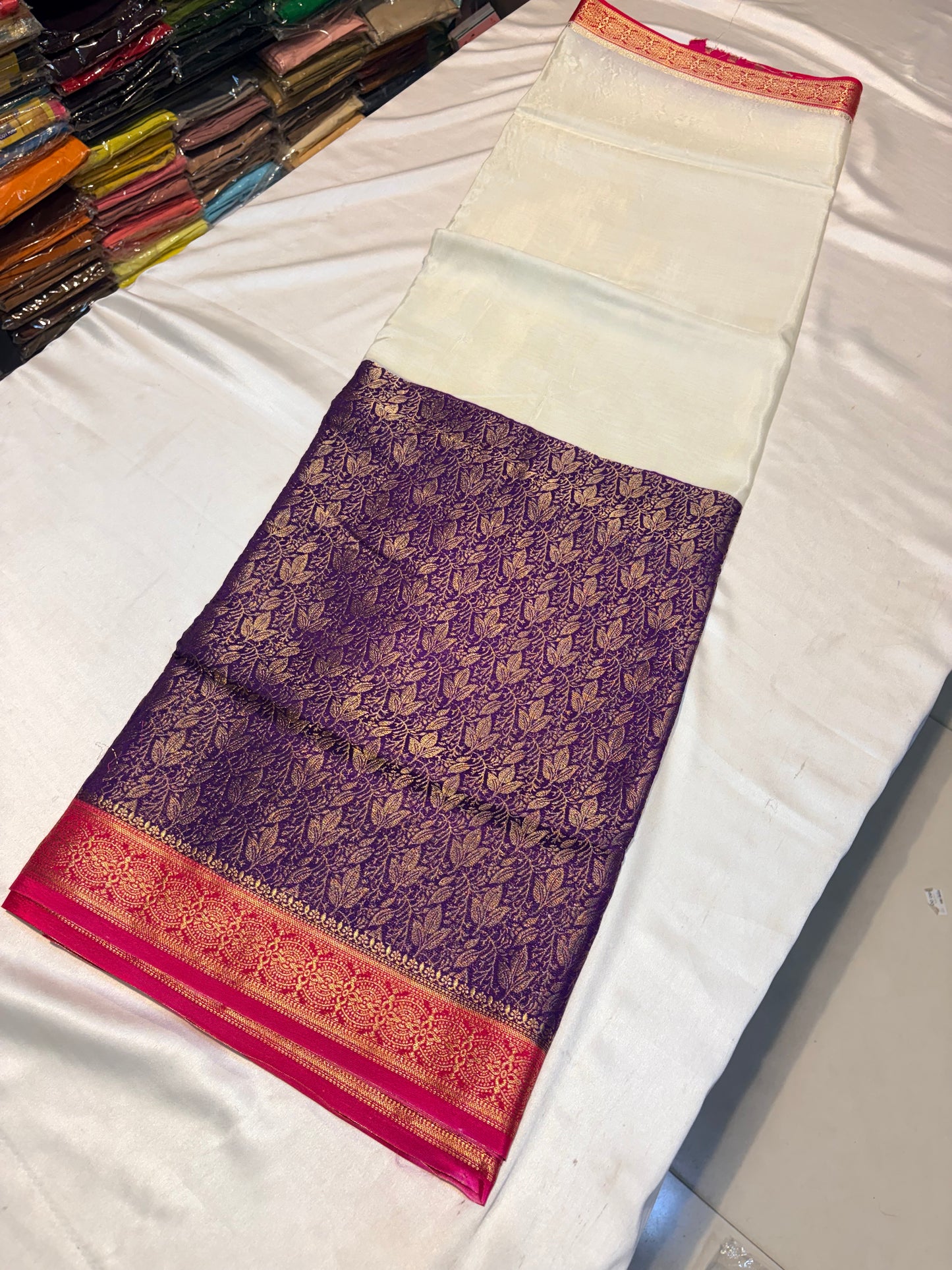 SEMI MYSORE SILK SAREE WITH HALF AND HALF BROCADE DESIGN