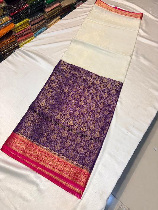 SEMI MYSORE SILK SAREE WITH HALF AND HALF BROCADE DESIGN