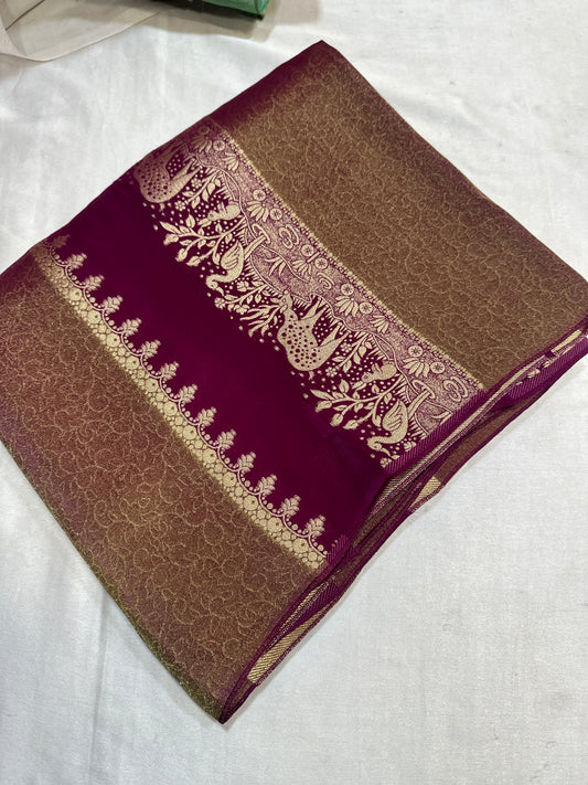 PREMIUM RAW CHINON CREAPE SAREES - WINE