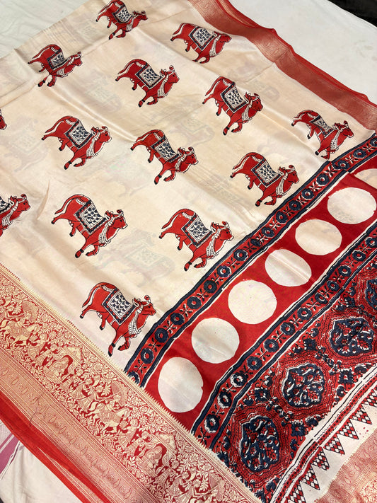 AJRAKH BLOCK PRINTED SAREES 
WITH BANARASI BORDER