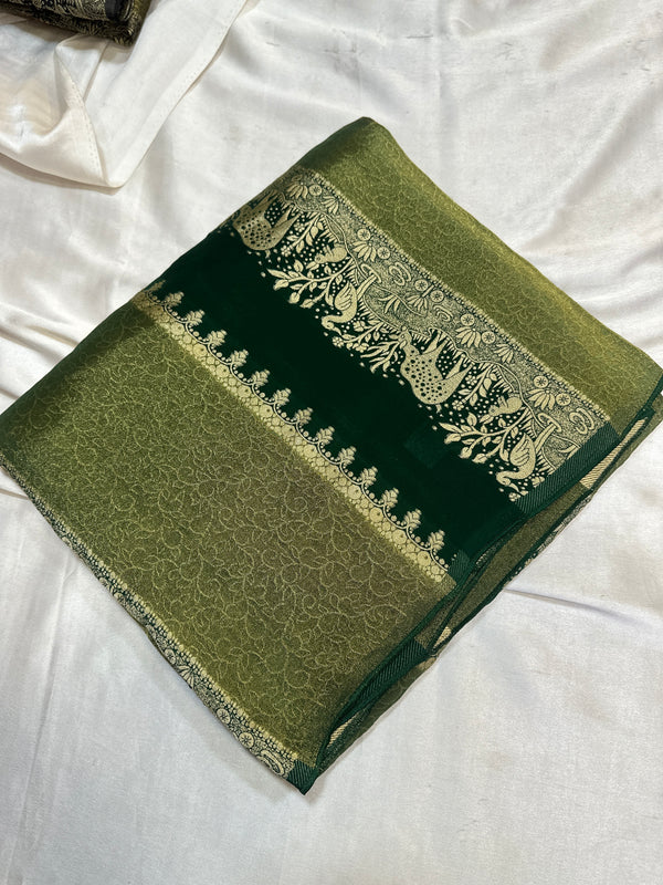 PREMIUM RAW CHINON CREAPE SAREES - BOTTLE GREEN