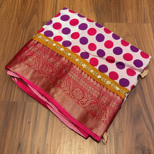 PREMIUM MOUNGA SILK SAREE  WITH PRINTED POLKA DOTS & FRENCH KNOT