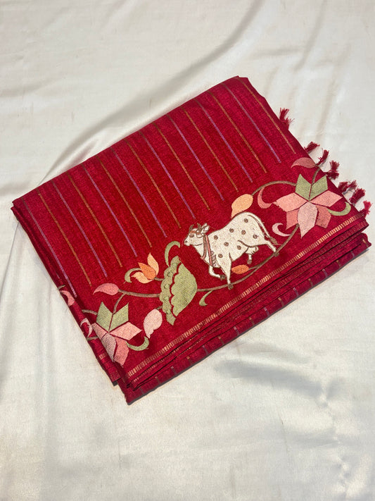 PREMIUM TUSSAR SILK SAREE PICHWAI EMBROIDERY WORK